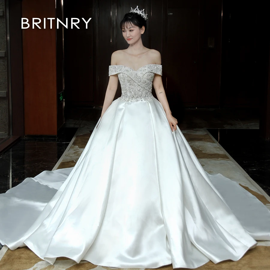 BRITNRY Роскошные Fansmile с открытыми плечами Vestido De Noiva свадебное платье поезд на заказ размера плюс свадебный Тюль Mariage