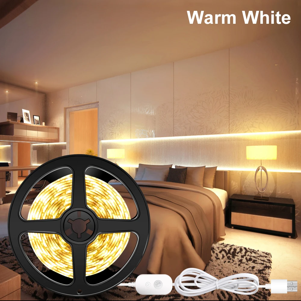 Warm White 5V PIR LED Closet Light Tape Wireless Lamp Kitchen Cabinet Light Motion Sensor Lamp LED Strip Waterproof USB LED Lighting Ribbon - Цвет: Warm White