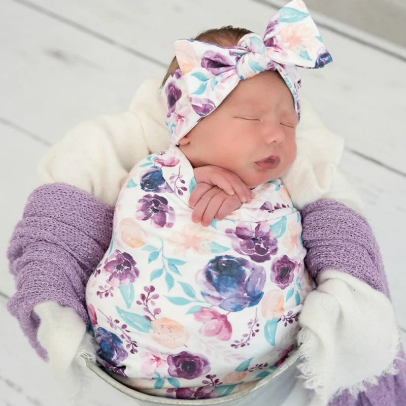 Blanket Cap and Headband Set Baby Floral Print Swaddle Blanket Hat