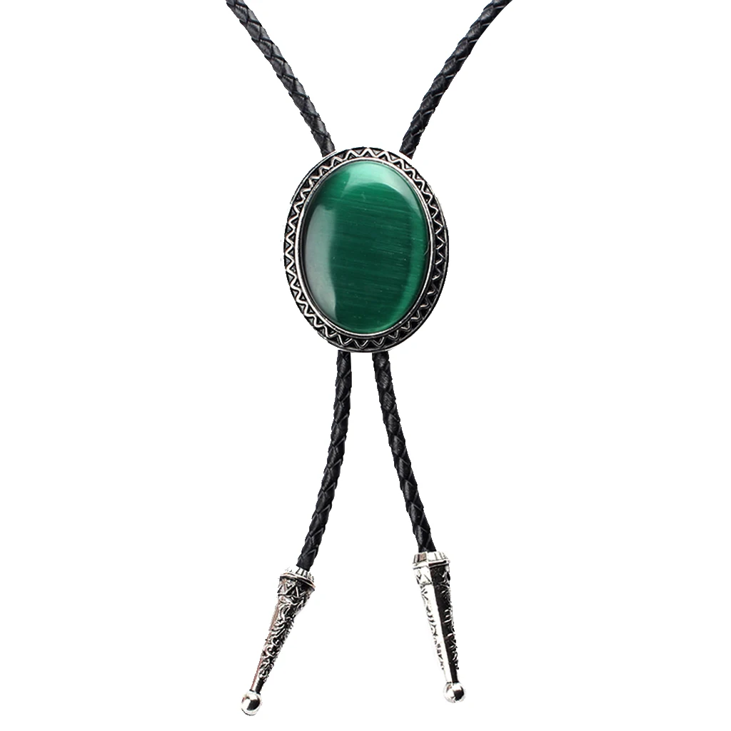 Retro Western Necktie Fashion Natural Green Opal Braided Leather Bolo Ties
