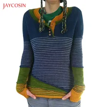 Joycosin, винтажный Модный женский свитер, с круглым вырезом, на пуговицах, пуловер, вязаный, облегающий свитер, в полоску, из кусков, женские топы, теплые