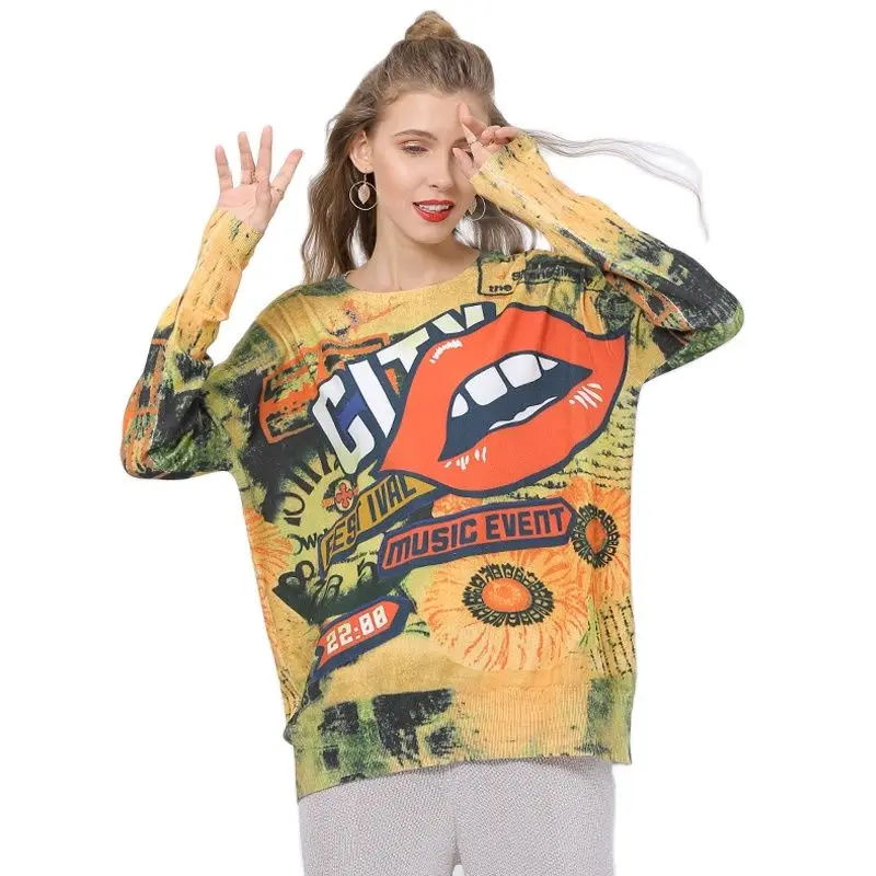 XIKOI New Oversized Sweater For Women Winter Fashion Mouth Print Pullovers Long Sleeves Jumper Knitted Pull Femme Clothes | Женская