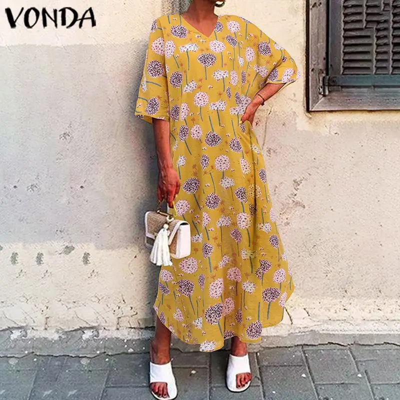 

VONDA Summer Dress 2019 Women Bohemian Half Sleeve V Neck Floral Printed Maxi Long Dress Holiday Casual Loose Plus Size Vestido