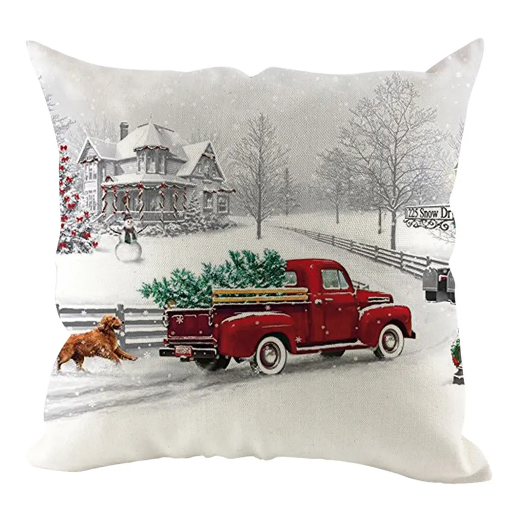 Christmas Red Truck 45x45cm Cushion Cover Christmas Tree Decoration Family Living Room Chair New Year Linen Print Pillow Cases