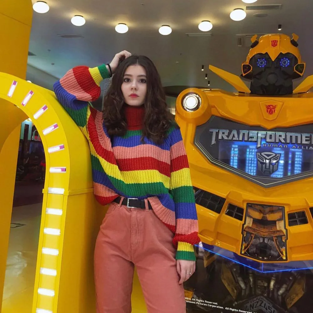 iMucci Winter Turtleneck Woman Sweaters 2020 Long Sleeves Loose Contrast Colo Knitted Sweater O-Neck Oversized Pullovers Female