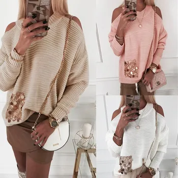 

Oufisun 2020 Autumn Fashion O-neck Off Shoulder Knitted Sweater Solid Color Long Sleeve Pockets Loose Casual Tops Womens Sweater