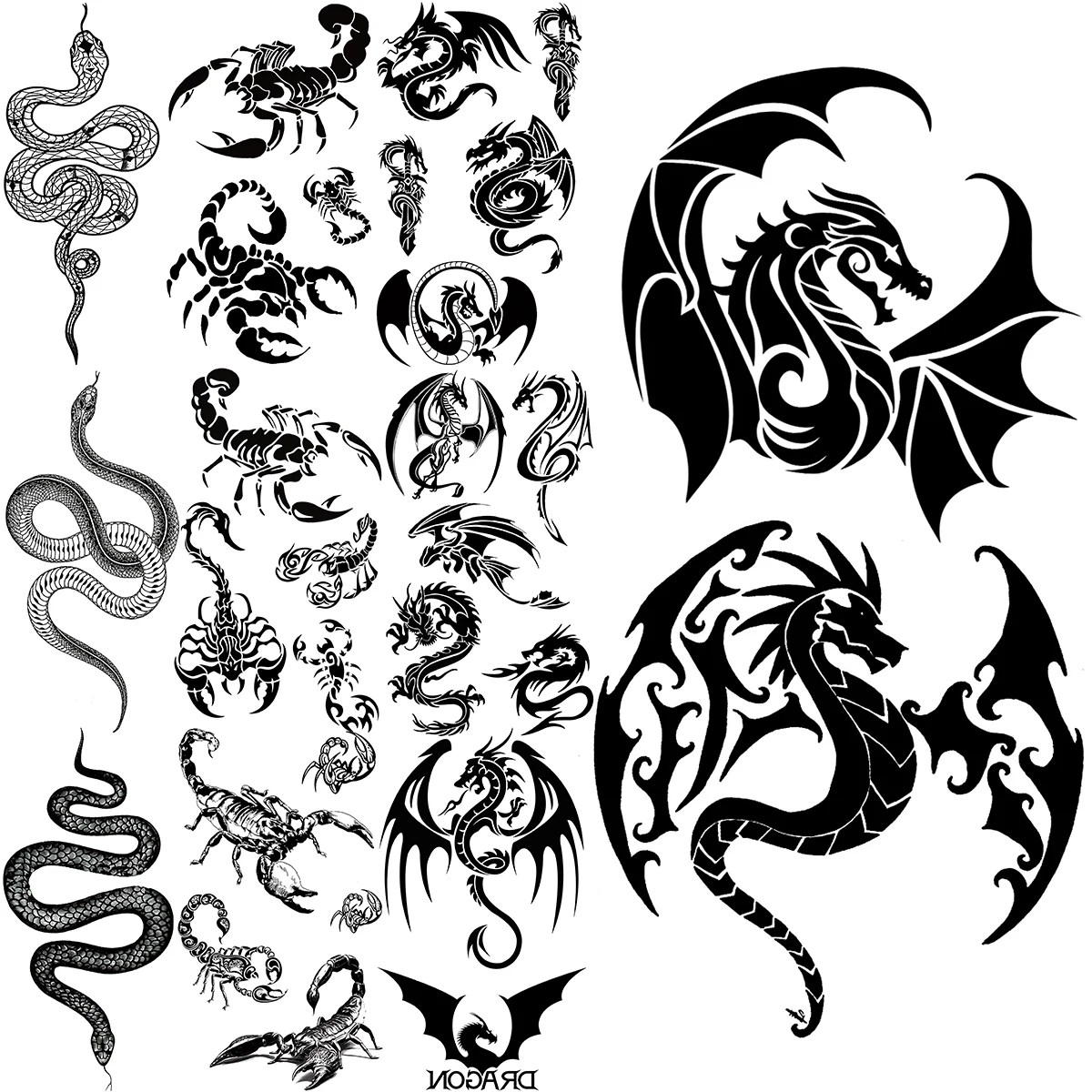 

Black Dragon Temporary Tattoos For Men Women Realistic Scorpion Snake Fake Tattoo Sticker Body Arm Water Transfer Tatoos DIY