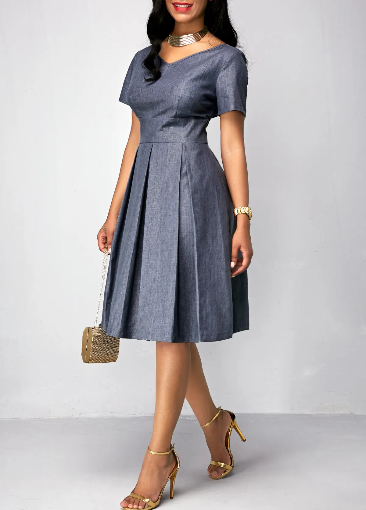 

Lugentolo Women's Dress Fashion Hot Sale Pure Color Waist Retro V-neck Short Sleeve Sexy Dress Large Size S-5XL