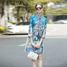 MIUXIMAO, лучшее качество, осень, офисный женский костюм-двойка, элегантный топ с длинным рукавом+ роскошная юбка с цветочным принтом, костюмы для женщин, Vestidos