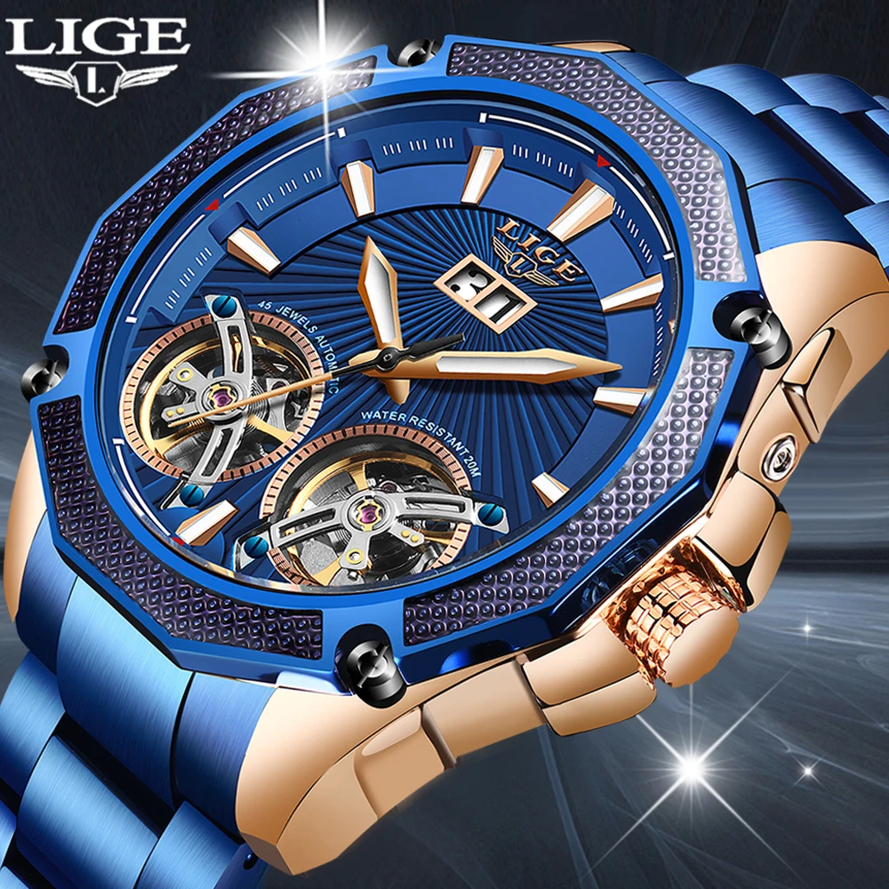 

LIGE Men Watch Double tourbillon Automatic mechanical watch All steel Top Brand Dress Luxury Tourbillon Wristwatch Gift for Male