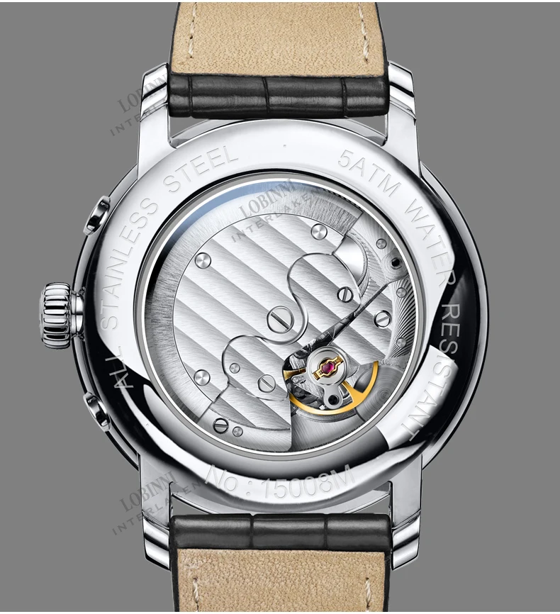 Luxury Brand Switzerland LOBINNI Seagull Automatic Mechanical Men's Watches Sapphire Leather Multi-function Waterproof L15008-2