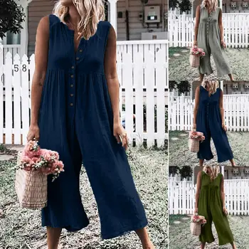 

Fashion Women Summer Sleeveless Jumpsuit Casual Loose Wide Leg Pants Playsuit Trousers Retro Button Rompers Solid Color /BY