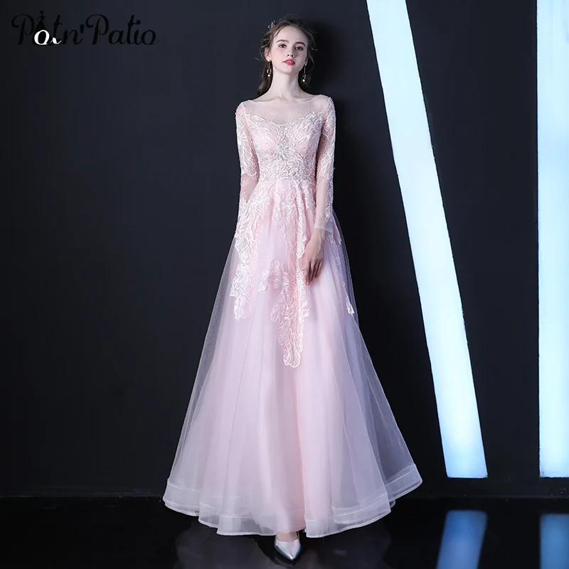 

Elegant Long Sleeves Evening Dresses 2019 Luxury Sequined Appliques Pink Evening Gowns Long Plus Size Prom Dresses