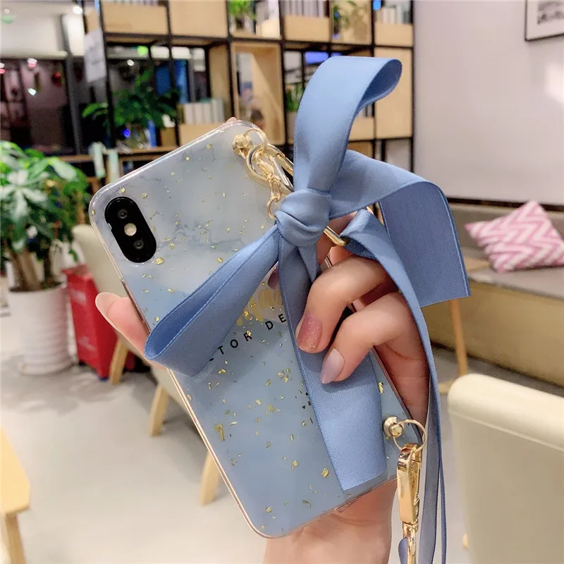Блестящий Мягкий чехол для телефона из ТПУ с золотистой фольгой и мраморным узором, ожерелье-шнурок с кулоном, лямка на шею для iPhone 6 6s 7 8 Plus Xs Max Xr X
