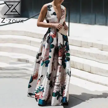

Z-ZOUX Women Dress Sleeveless Print Bohemia Dress Sexy Long Print Floral Maxi Dresses Deep V Neck High Waist Long Floral Dresses