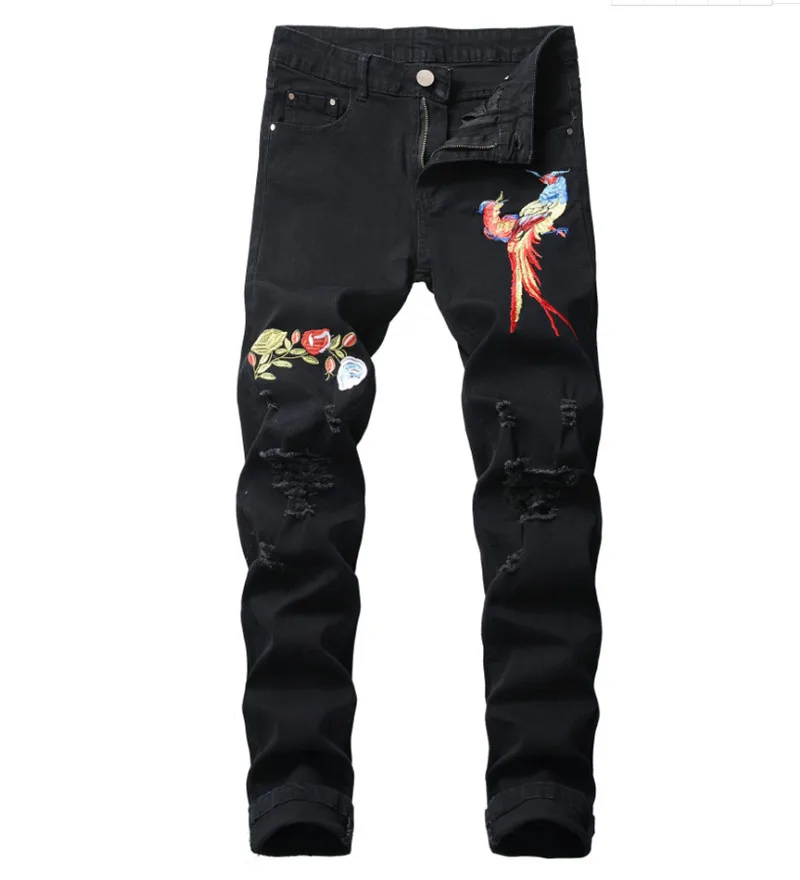 

New Jeans Men Skinny Ripped Black Denim Jeans Flower Embroidery Slim Fit Male Hole Cotton Jeans Pants Casual Trousers