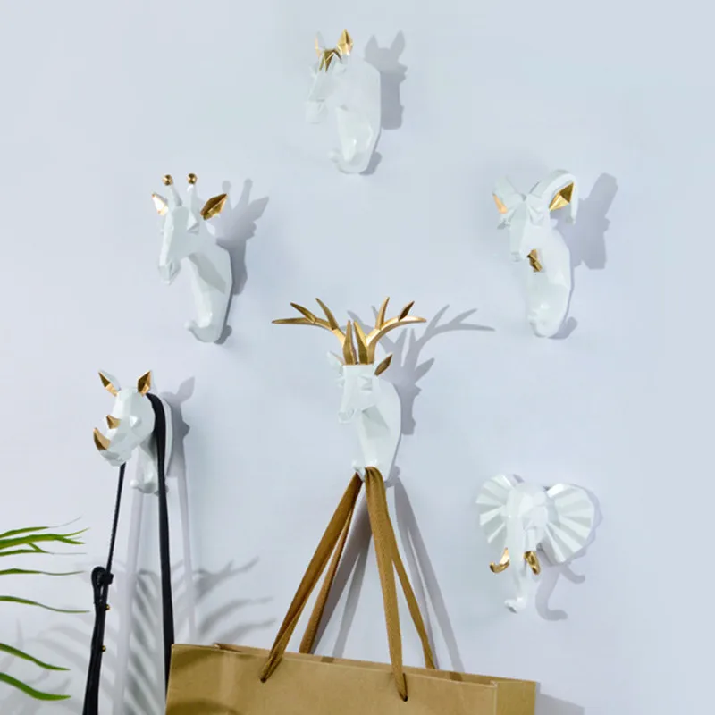 1pc Hanging Hook Animal Head Decorative Hook Deer Elephant Unicorn Rhinoceros Hanger Hook Keys Clothes Hat Wall Decoration Rack 2