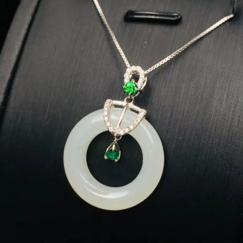 Real 925 Sterling Silver Natural White Jade The Circle Inlay Zircon Pendant 22*22mm Gems For Women Fine Jewelry | Украшения и