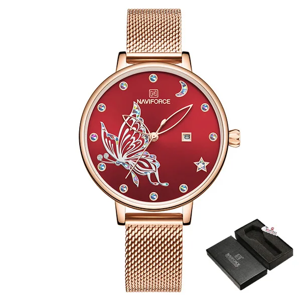 RedWithBox NAVIFORCE, женские часы, люксовый бренд, reloj, Бабочка, часы, модные, кварцевые, для девушек, сетка, нержавеющая сталь, водонепроницаемые, подарок, reloj muje - Цвет: RedWithBox