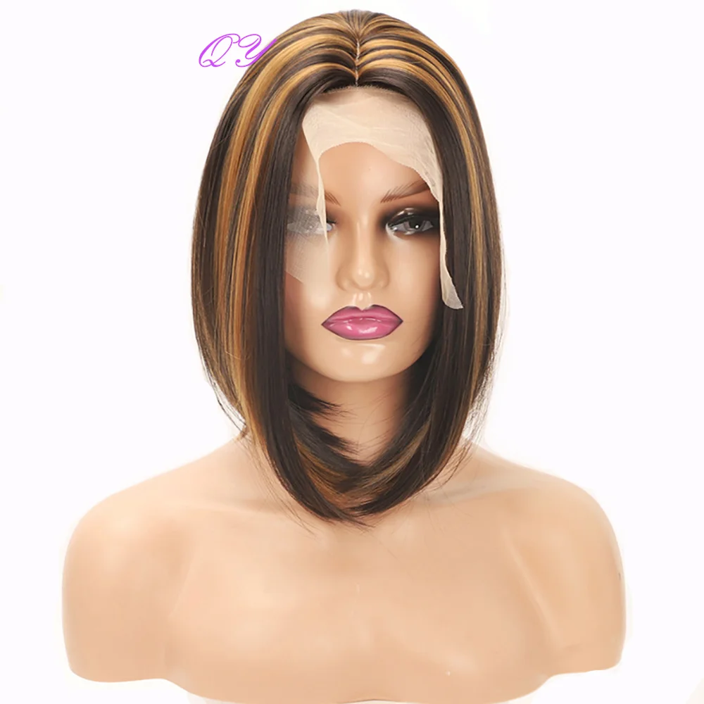 

Short Highlight Bob Straight Wig Synthetic Blonde Ombre Brown Middle Part Hair For Women Party Cosplay Wig