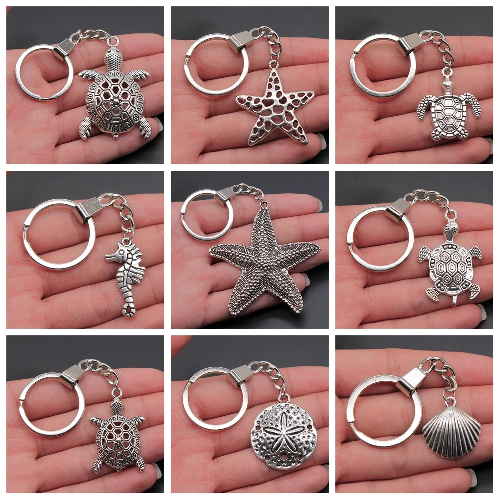 LLavero de aleación de Metal para hombre, cadena de soporte de 30mm, colgante Vintage de tortuga, concha de estrella de mar, Color plata antigua
