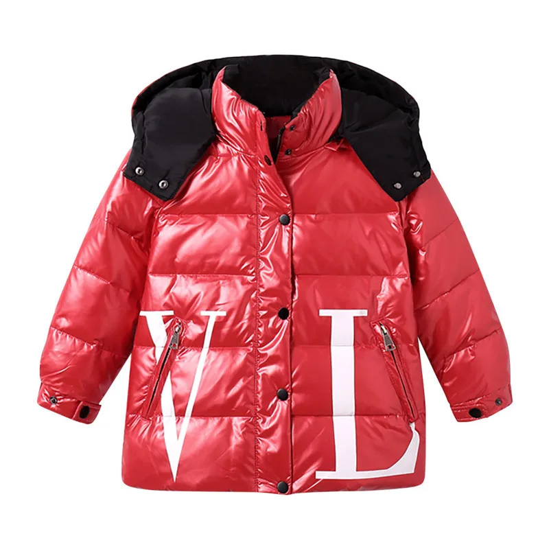 Детская зимняя куртка-пуховик детское зимнее водонепроницаемое пальто с капюшоном и надписью для мальчиков и девочек пуховик Верхняя одежда#4S16 - Цвет: Красный