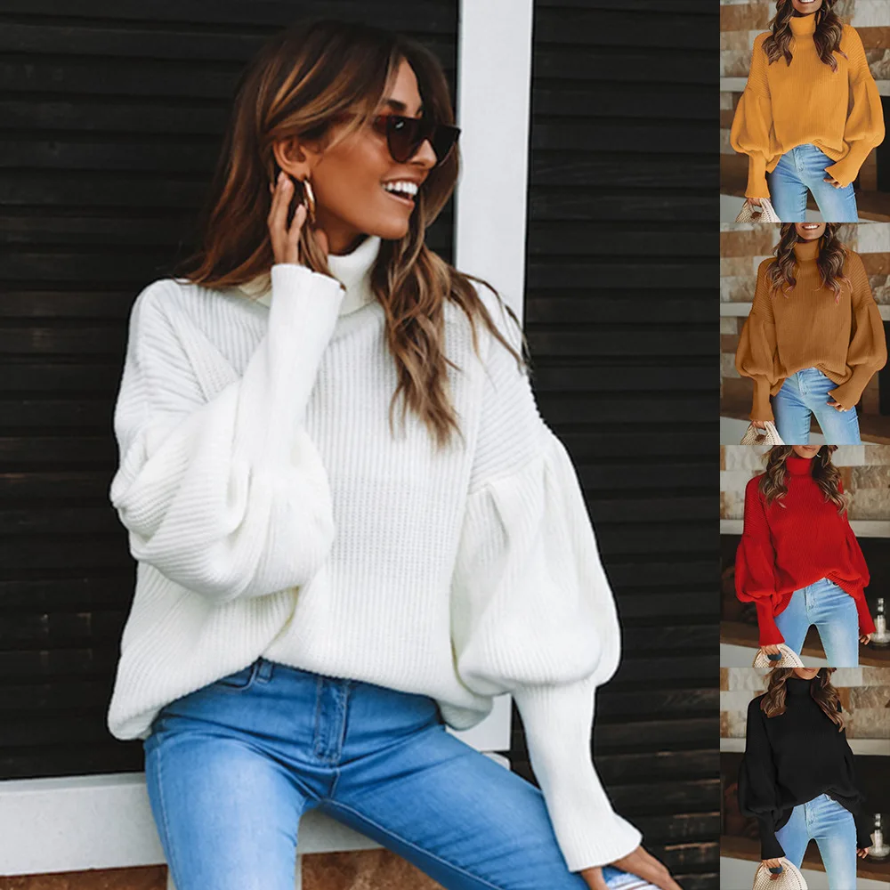 

Women red turtleneck lantern sleeve sweater plus size women 2019 autumn and winter new solid style long sleeve sweater pullover