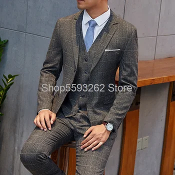 

Men's suit suit three-piece single row two-button business casual British plaid suit