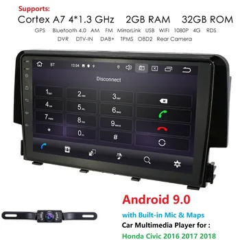 

Ossuret 2G RAM 32G ROM 9Inch 2DIN Android 9.0 Car GPS Navigation for Honda Civic 2016 2017 2018 Car Radio Player 4G WIFI RDS CAM