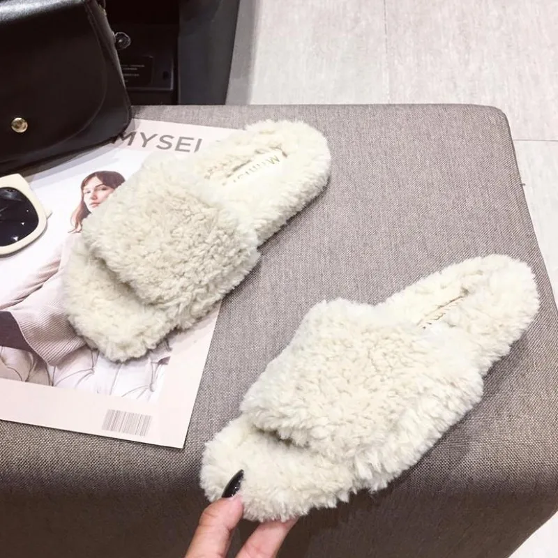 Women's Slippers Flock Slides Shoes Pokemon Plush New Fur Flat Fabric Autumn Basic Rubber Rome Bonded Leather Cotton