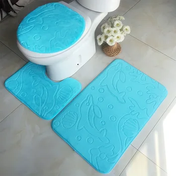 

3D Embossed Bathroom Bath Mat Set Toilet Carpet Set Flannel Non-Slip Rug Set Toilet Lid Cover Shower Room Rug Floor Mats WF106