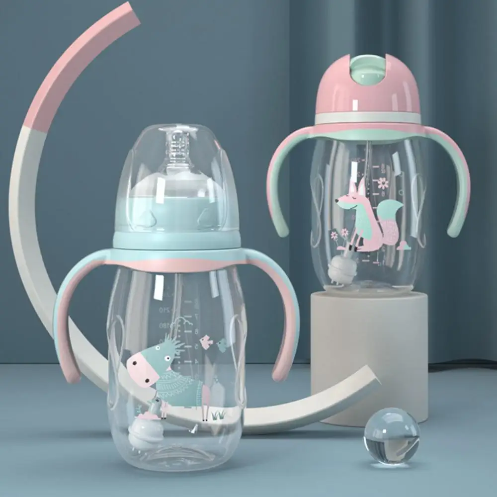 240ml/300ml Milk Bottle Infant Drop-proof Baby Wide-caliber with Straw Handle