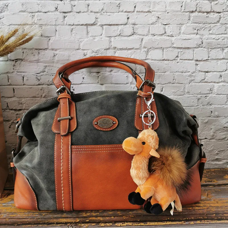 Camel And Black Винтажная женская сумка из натуральной кожи, большая Вместительная женская сумка на плечо из воловьей кожи, Женская деловая Портативная сумка, дизайнерские сумки - Цвет: Camel And Black