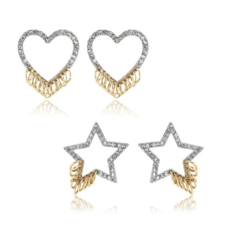 

Hot-selling Earrings Alloy Rhinestone Two-tone Earrings Heart-shaped Five-pointed Star Classic Earrings Factory Direct Stock