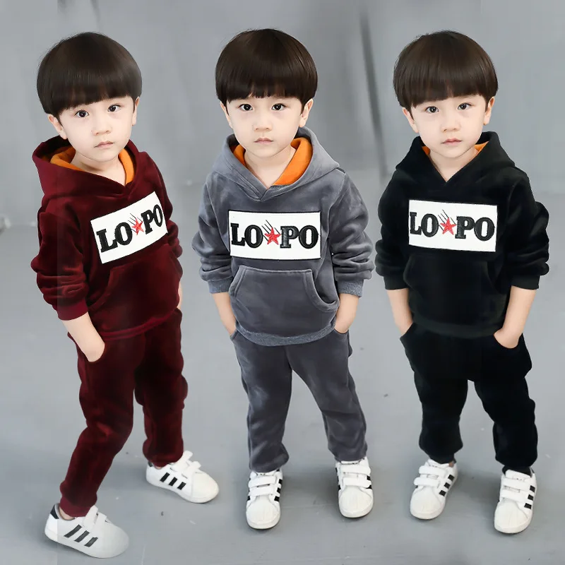 

BOY'S Gold Velvet Set Childrenswear New Style Korean-style Autumn And Winter Hoodie Big Boy Hooded Two-Piece Set Brushed And Thi