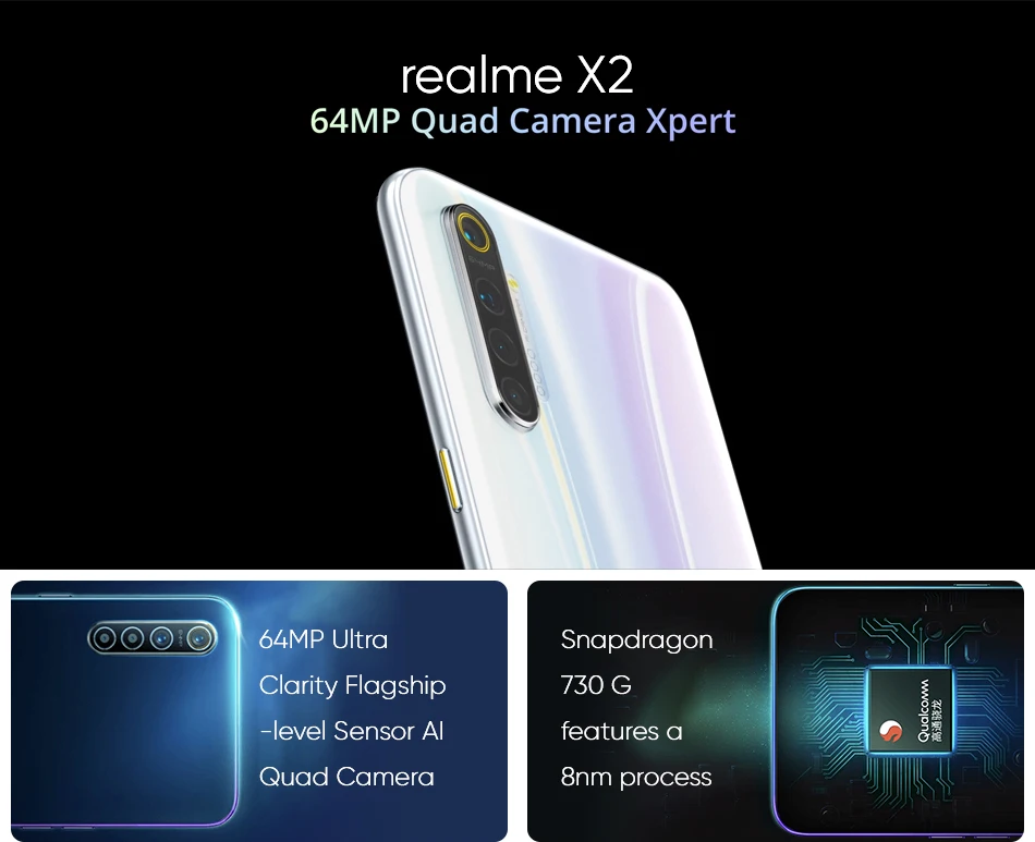 Realme X2 X 2 Смартфон Snapdragon 730G Восьмиядерный 64 мп четырехъядерный камера 6,4 ''полный экран NFC Google Play OPPO VOOC 30 Вт Быстрая зарядка