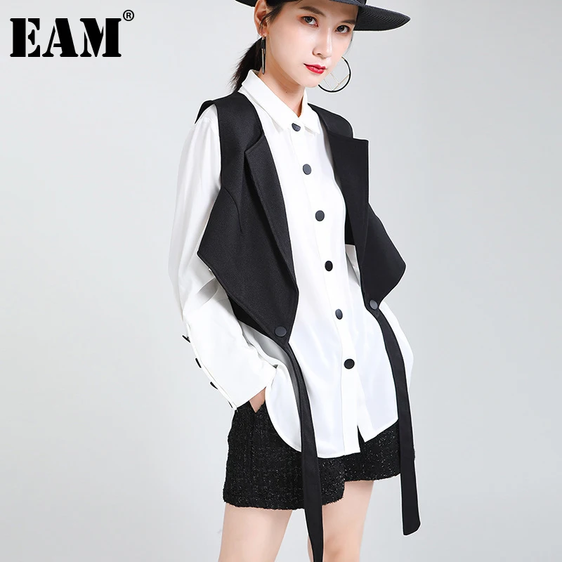 [EAM] Women Black Irregular Split Big Size Blouse