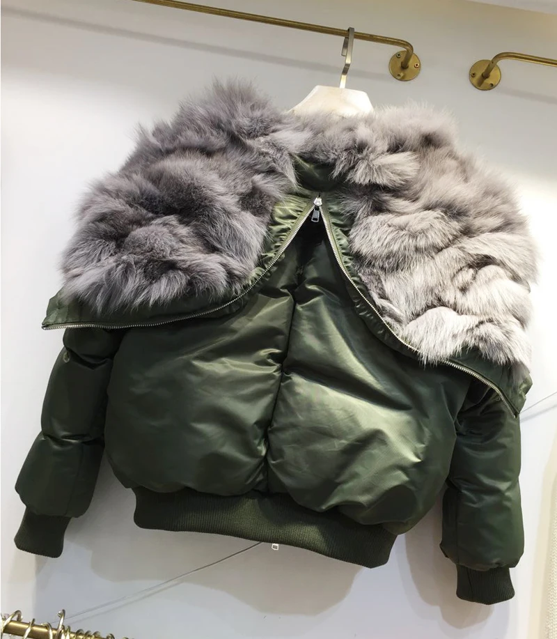 grey fur green Пальто из натурального меха, женская зимняя короткая куртка, пальто с воротником из натурального меха, Женская свободная парка с толстой хлопковой подкладкой, армейская зеленая парка - Color: grey fur green