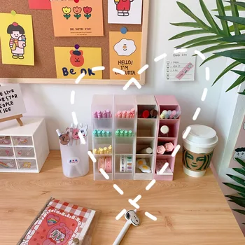 

Pen Holder Desk Organizer Desktop Storage Four Grid Makeup Brush Lipstick Box Kawaii Office Accessories Stationery Supplies
