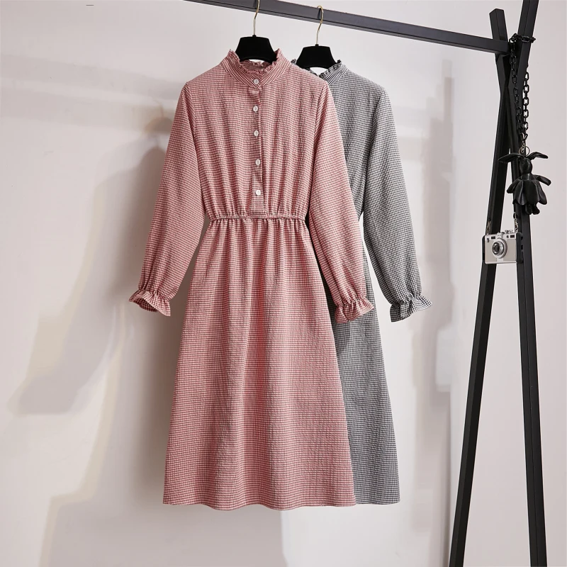 

Spring Autumn Office Lady Vintage Dress Korean Style Women Stand Collar Long Sleeve Plaid Dresses S-XL