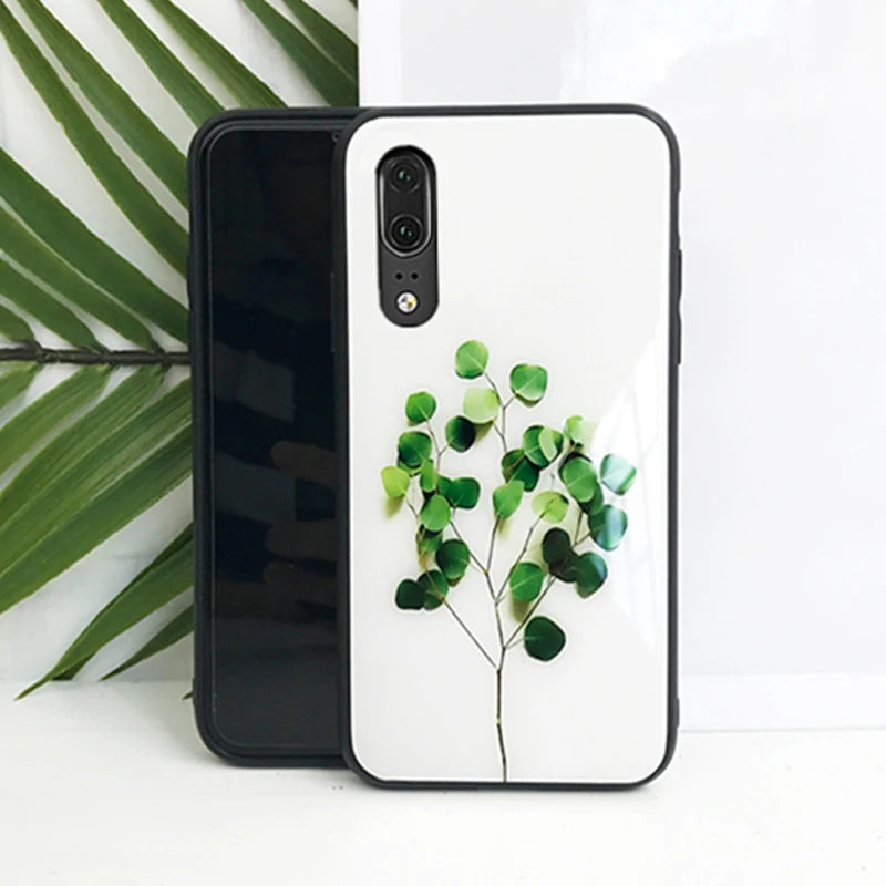 

Tempered Glass Case For Huawei honor 20 Pro 20i Simple Slim Glossy Green plant Peony Hard Cover For Huawei honor 20 phone Casing