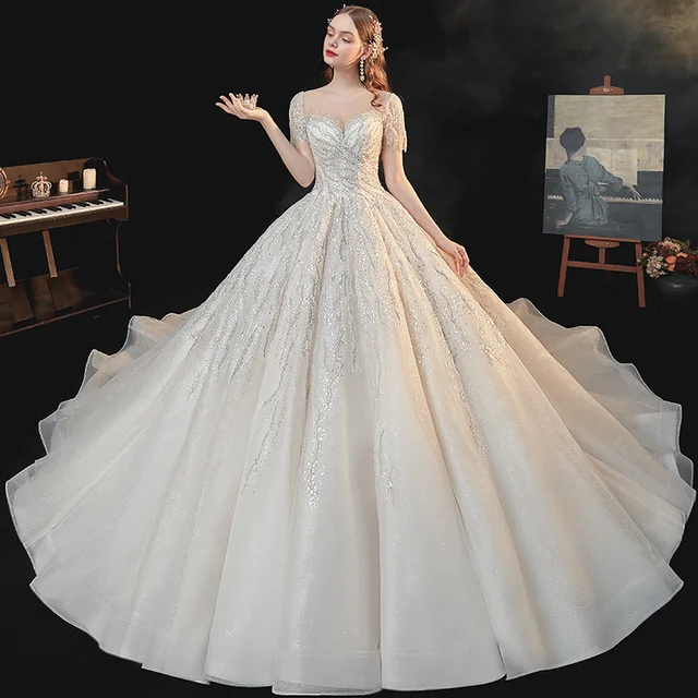 HLF14 Beading Wedding Dress Appliques Lace Short Sleeve High Waist Princess Ball Gown Robe Mariage Femme Noiva 3