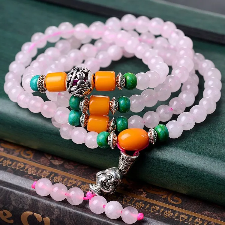 Браслет из чистого натурального хрусталя 108 бусин Будды розовый гибискус браслет