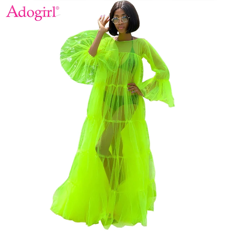 

Adogirl Fluorescent Green Sheer Mesh Casual Maxi Dress O Neck Full Flare Sleeve Ruched Loose Long Party Dress Beach Cover up
