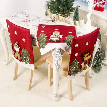 

Christmas Decorative Dining Chair Seat Back Covers Santa Snowman Elk Print Chair Caps Cute Holiday Party Home Decoration