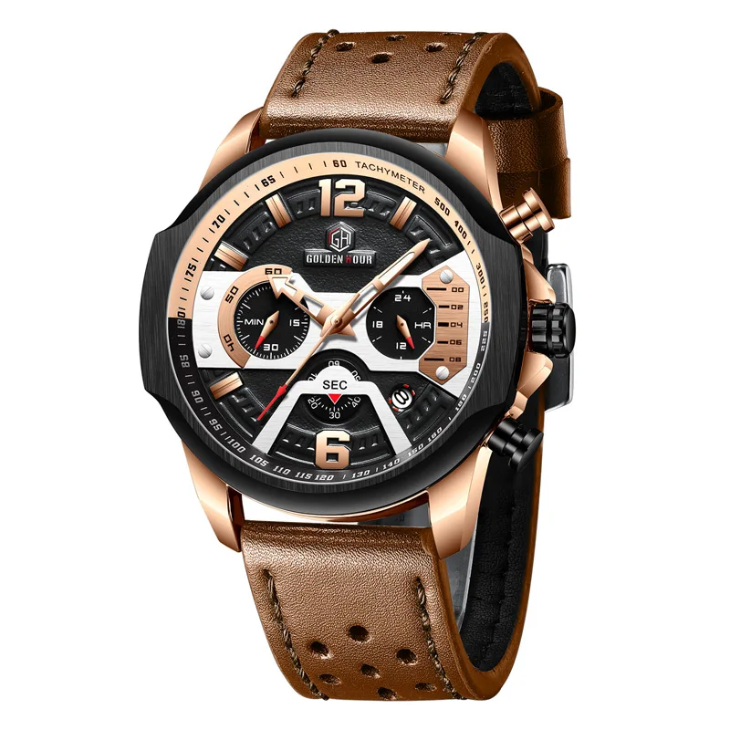 Rose Gold Black Роскошные брендовые GOLDENHOUR Мужские кварцевые часы из натуральной кожи, водонепроницаемые военные мужские часы с календарем, мужские часы - Цвет: Rose Gold Black