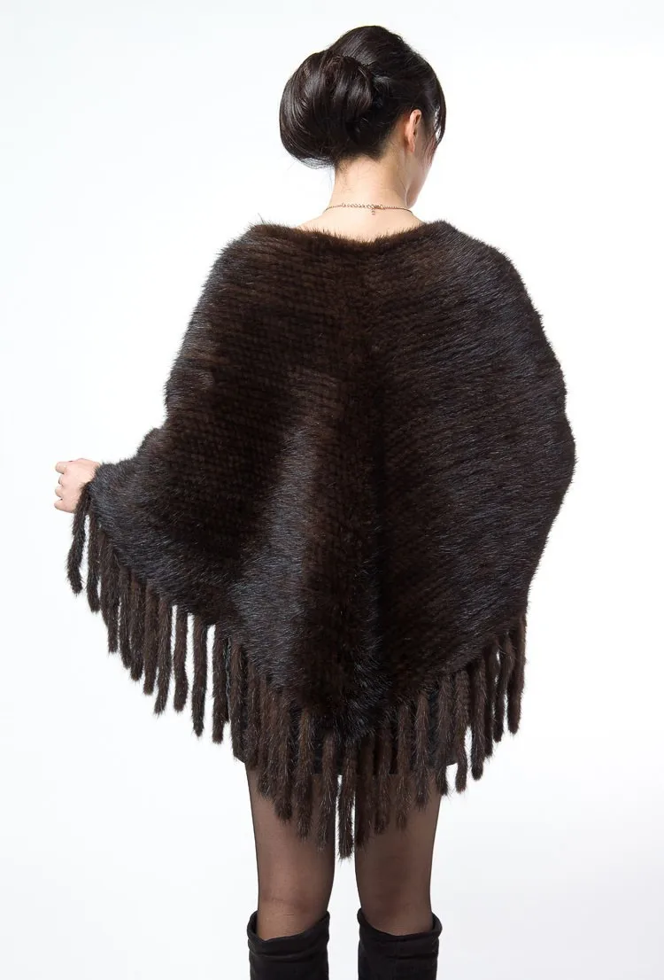 Genuine real Mink Fur Shawl with tassel Knitted Real Fur Poncho Women Natural Fur Warp With Hood Winter Mink Fur