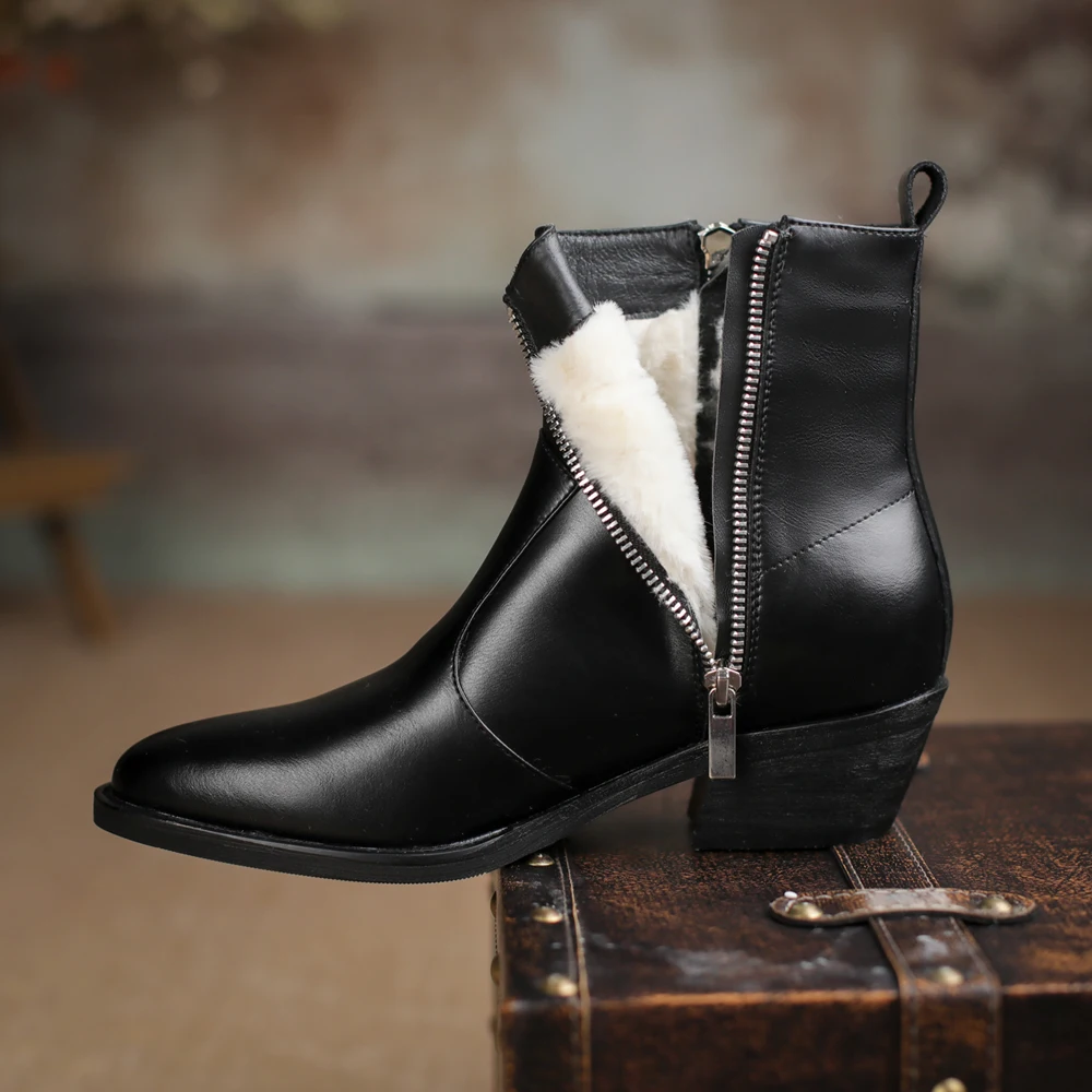 

Fashion Women Winter Genuine Leather Ankle Boots Ladies Zipper Pointed Toes Wool Shoes Girls Low Heels Chelsea Short Boots Black