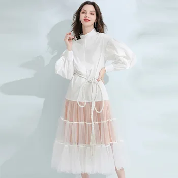 

2020 summer new half high neck lantern sleeve belt splicing net yarn large swing elastic waist dress
