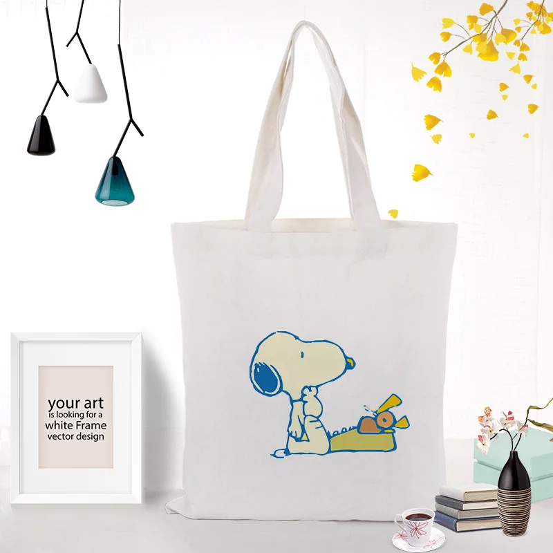 Cute Cartoon Dog Canvas Tote Bag Text DIY Custom Print Logo Daily Use Shopping Bag Eco Ecologicas Reusable Recycle